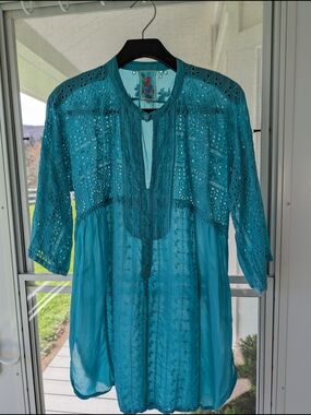 Johnny Was Teal Blue Eyelet Pintuck Tunic Blouse S